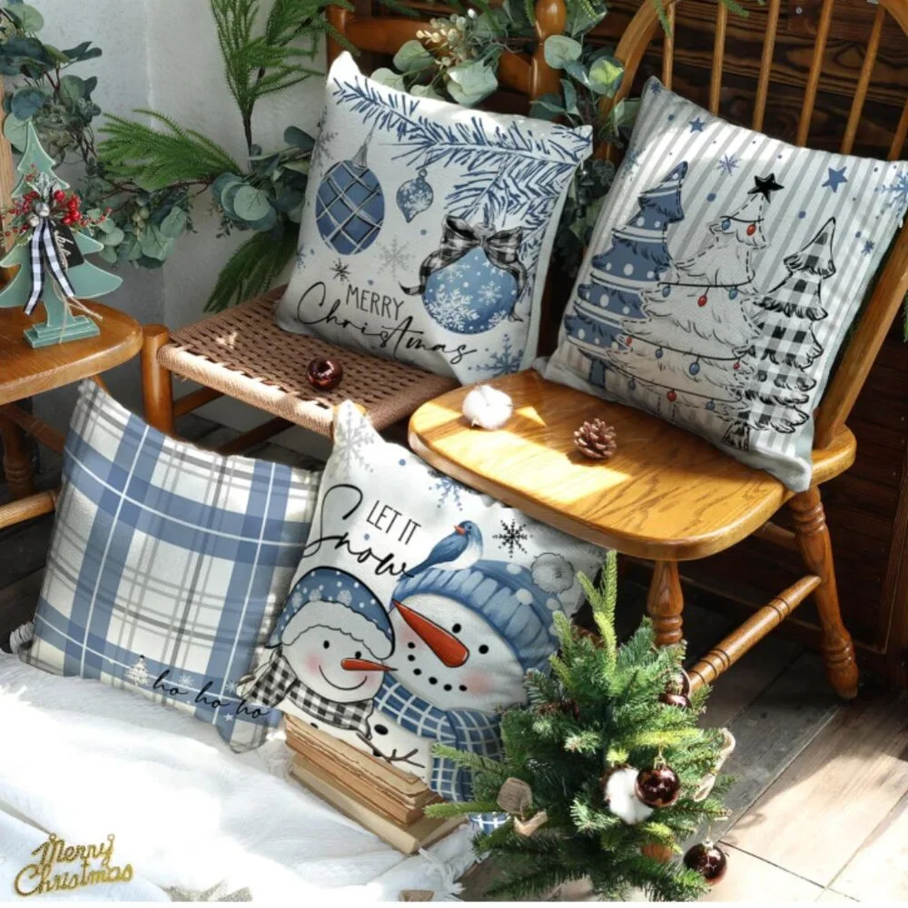 NEW SET OF 4 CHRISTMAS COTTON LINEN BLEND CHRISTMAS SEASONAL PILLOW COVERS 18